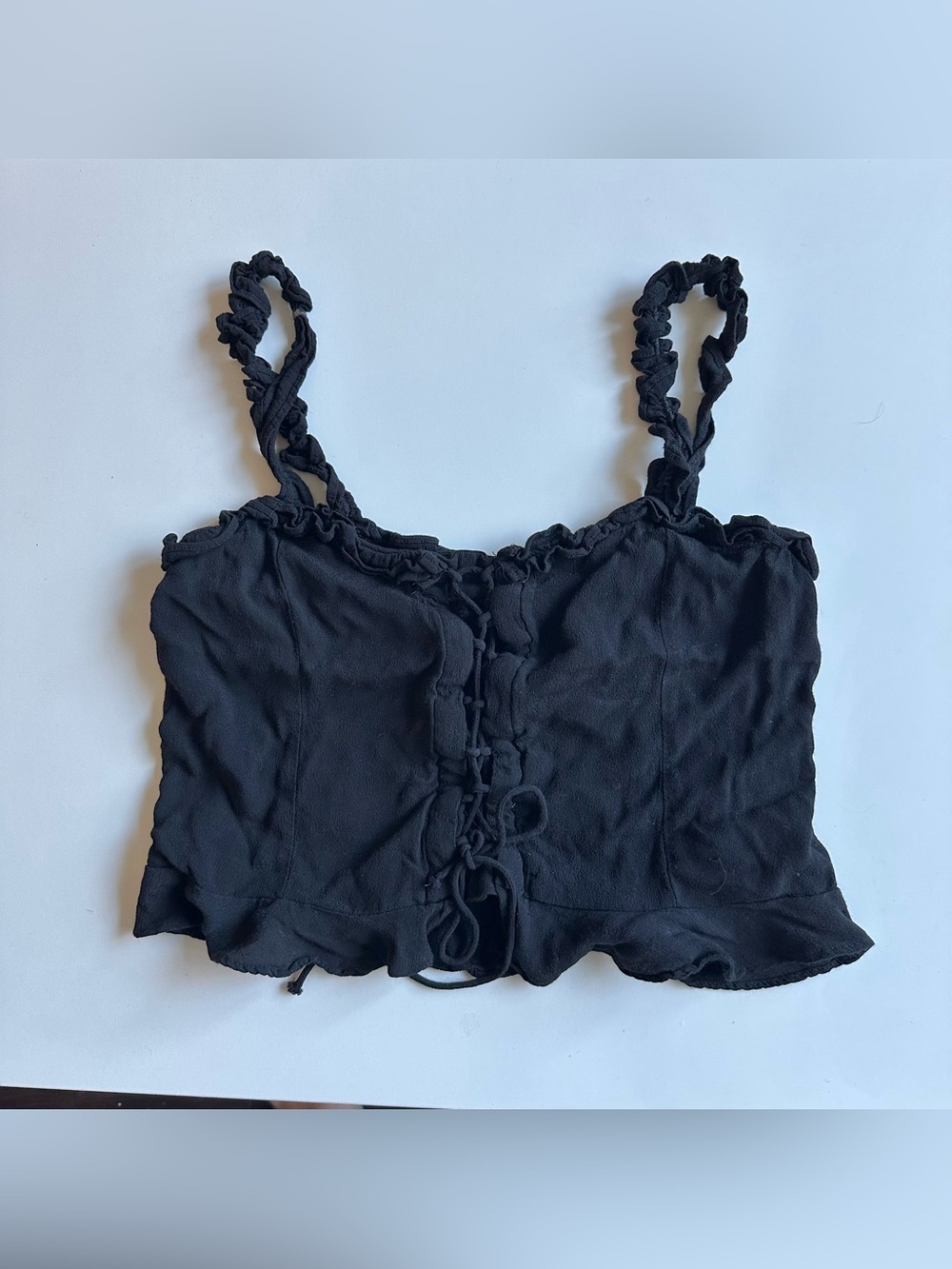 H&M Black Ruffle Crop Lace Up Cottagecore Coquette Tank Top S